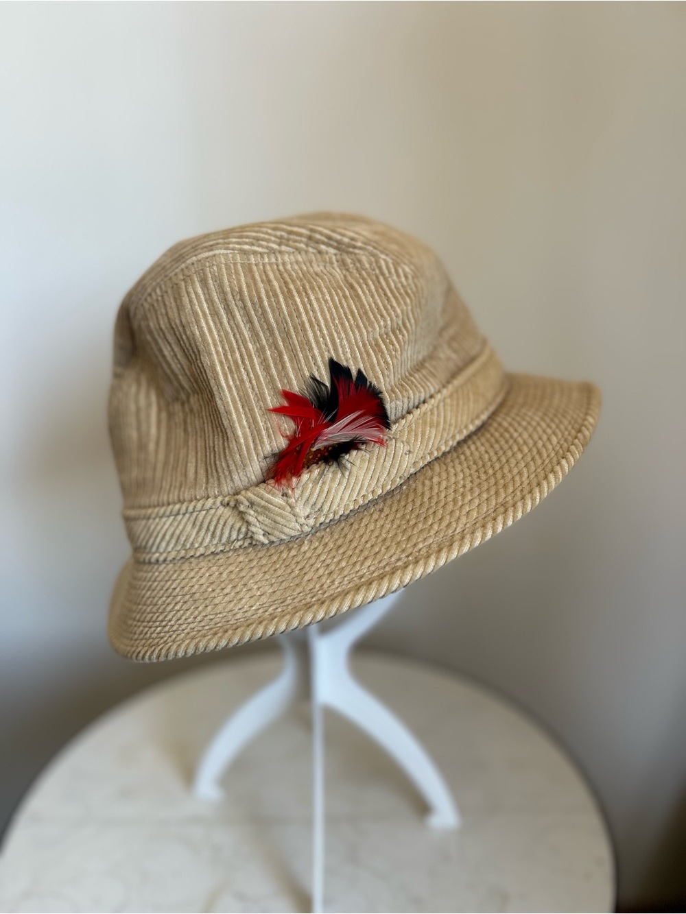 Vintage Beige Corduroy Bucket Hat with Red & Black Feather
